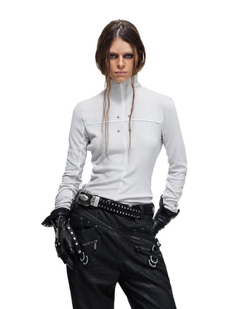 Personsoul Rhinestone Panel-Line Turtleneck Gray