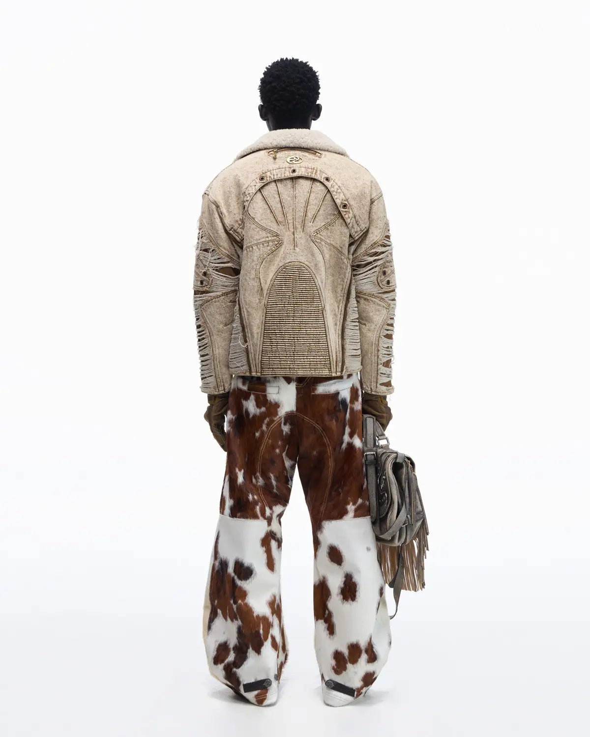 Personsoul Distressed Brown Denim Jacket with Faux-Fur Collar