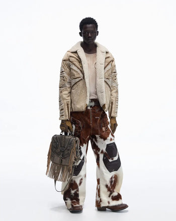 Personsoul Distressed Brown Denim Jacket with Faux-Fur Collar