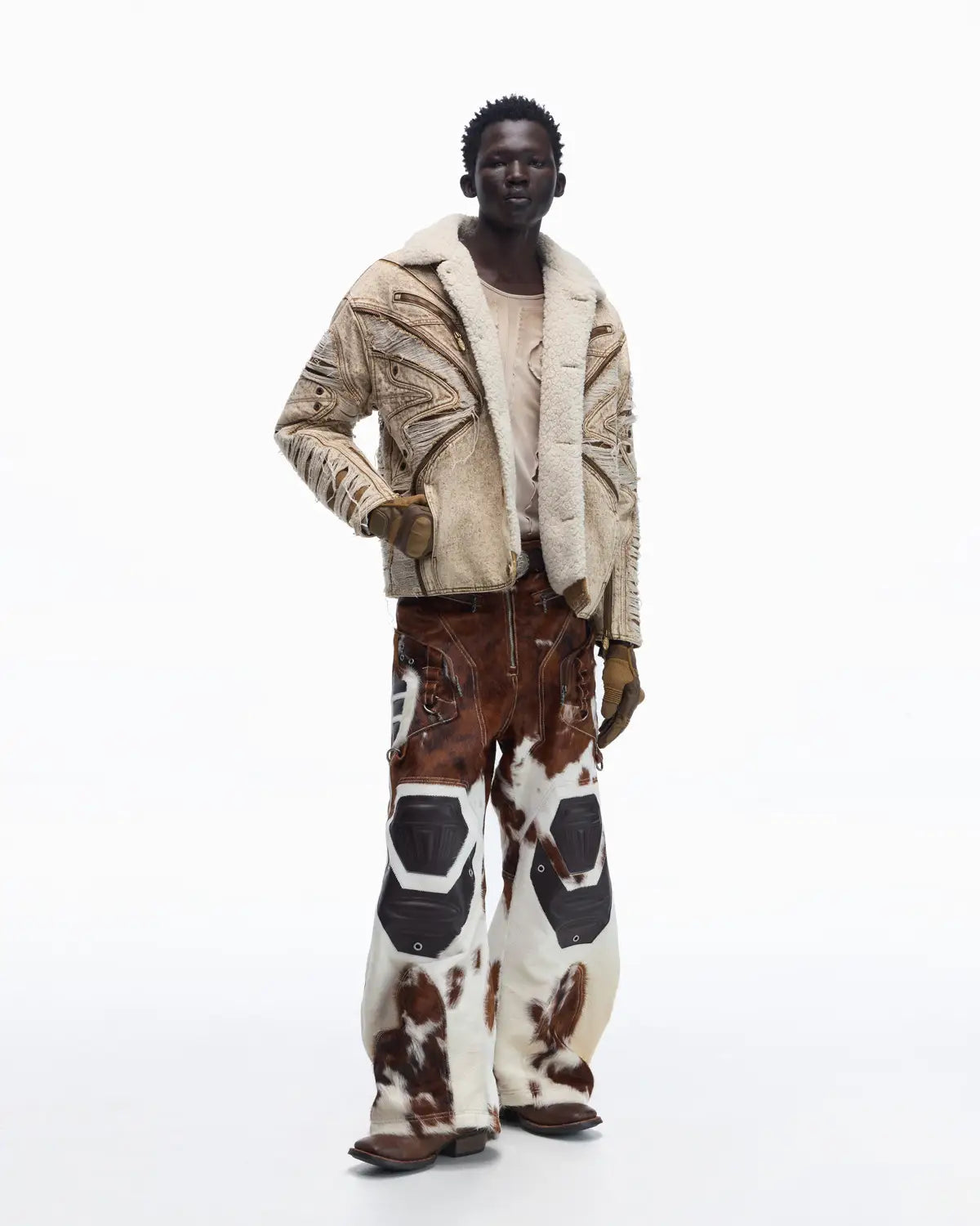 Personsoul Distressed Brown Denim Jacket with Faux-Fur Collar