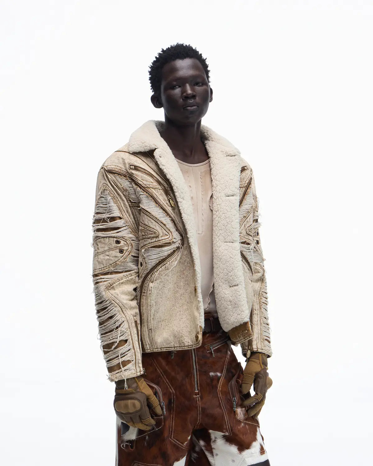 Personsoul Distressed Brown Denim Jacket with Faux-Fur Collar