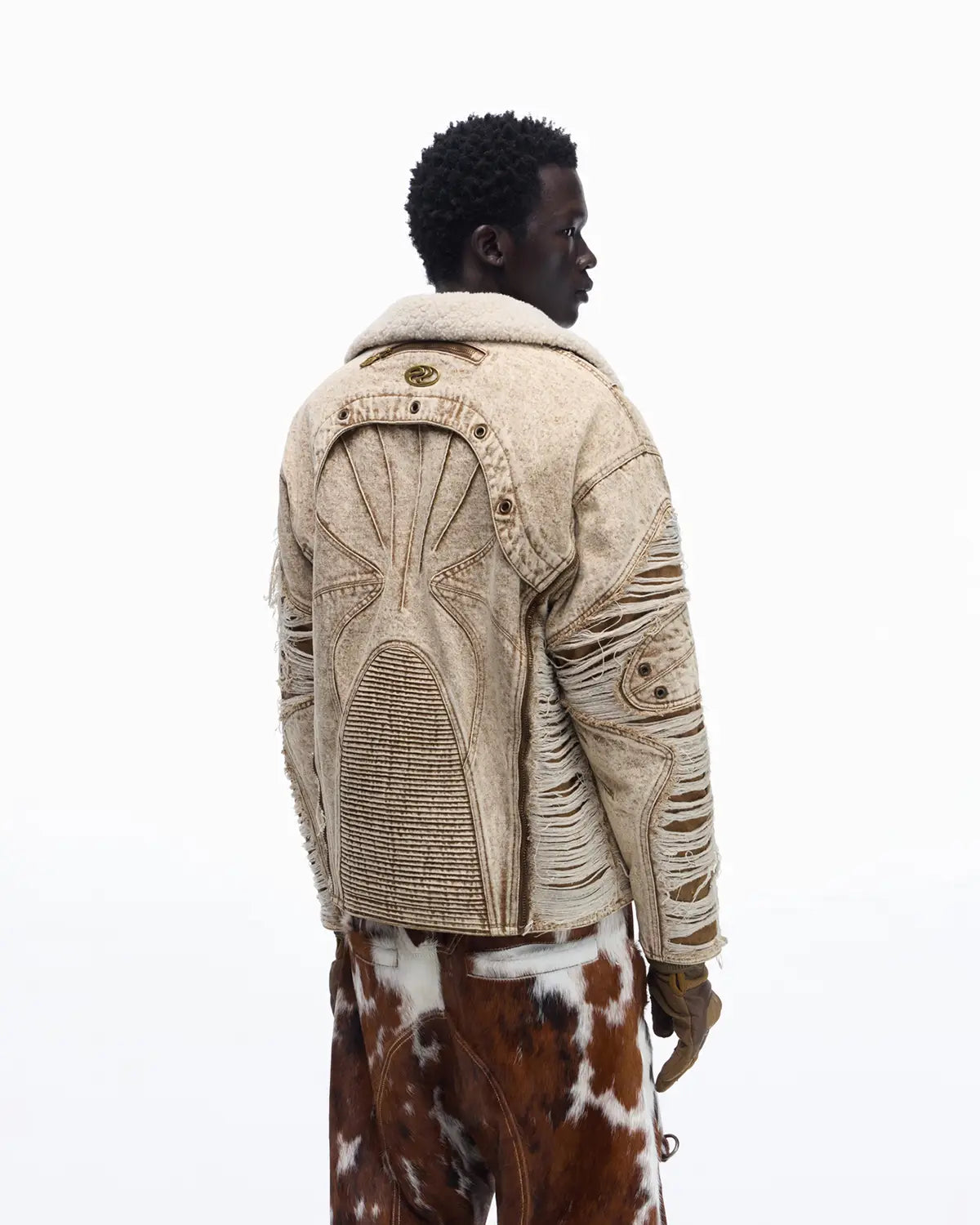 Personsoul Distressed Brown Denim Jacket with Faux-Fur Collar