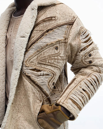 Personsoul Distressed Brown Denim Jacket with Faux-Fur Collar