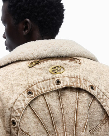 Personsoul Distressed Brown Denim Jacket with Faux-Fur Collar