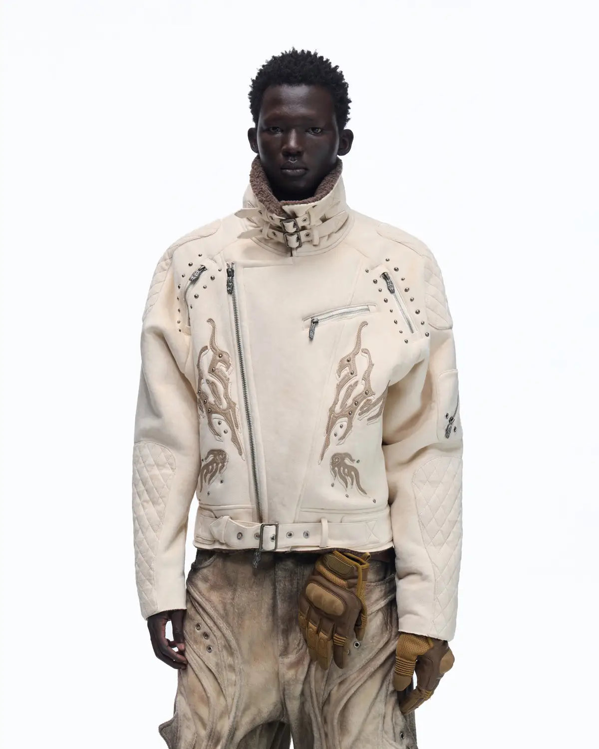 Personsoul Lightning Totem Stand Collar Jacket In White