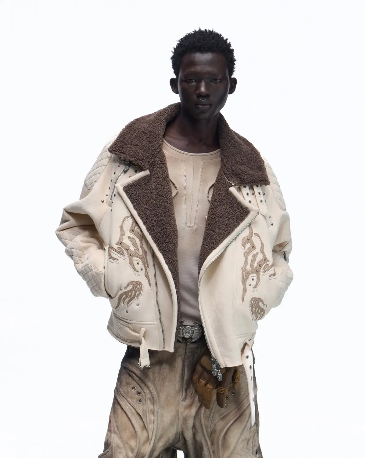 Personsoul Lightning Totem Stand Collar Jacket In White