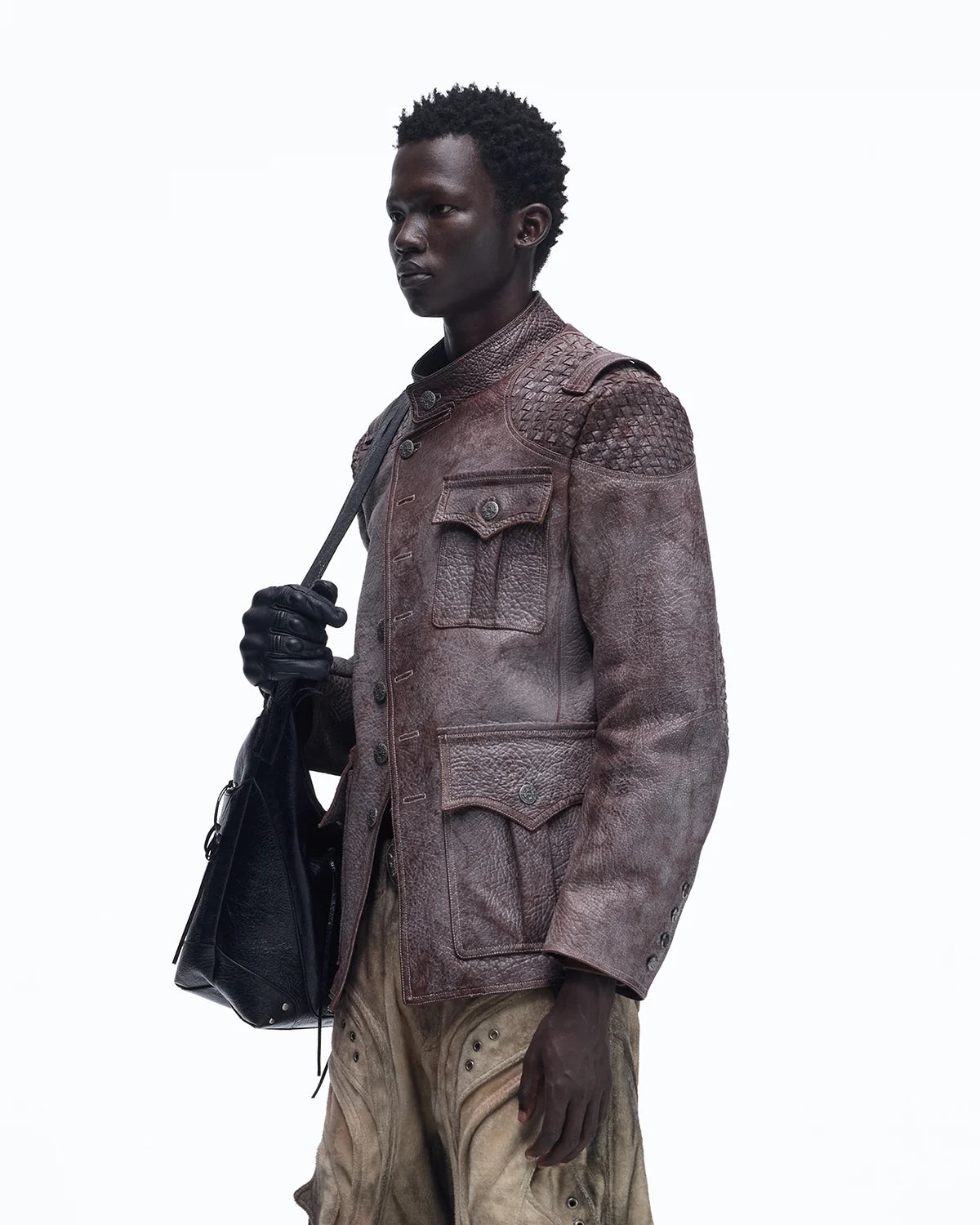 Personsoul Asymmetrical Front Elephant-Embossed Leather Jacket