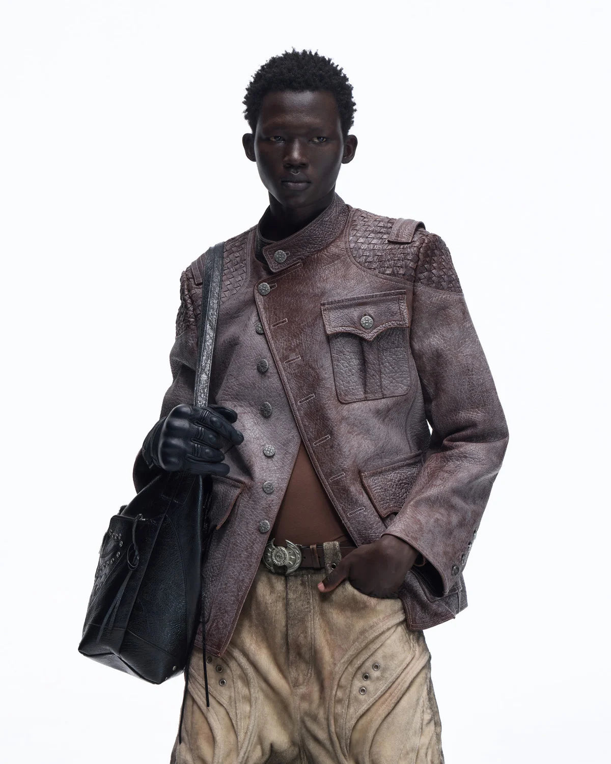 Personsoul Asymmetrical Front Elephant-Embossed Leather Jacket