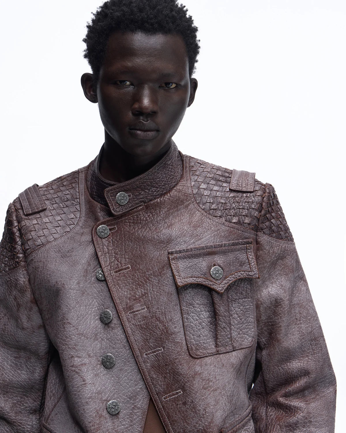 Personsoul Asymmetrical Front Elephant-Embossed Leather Jacket