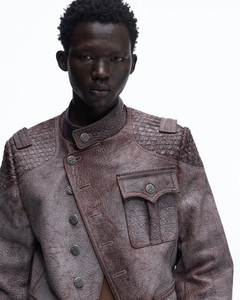 Personsoul Asymmetrical Front Elephant-Embossed Leather Jacket