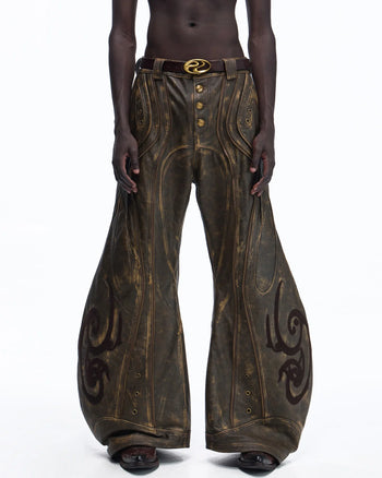 Personsoul Structured Totem Curved-leg Calf Leather Pants