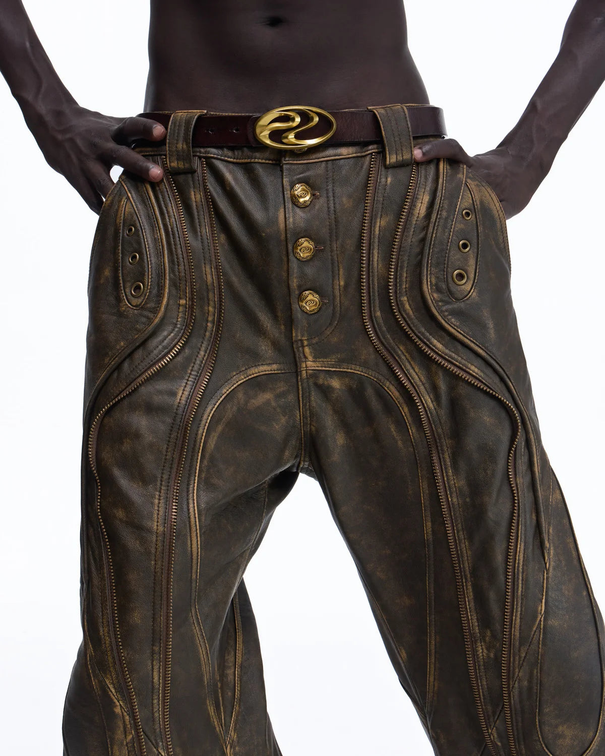 Personsoul Structured Totem Curved-leg Calf Leather Pants