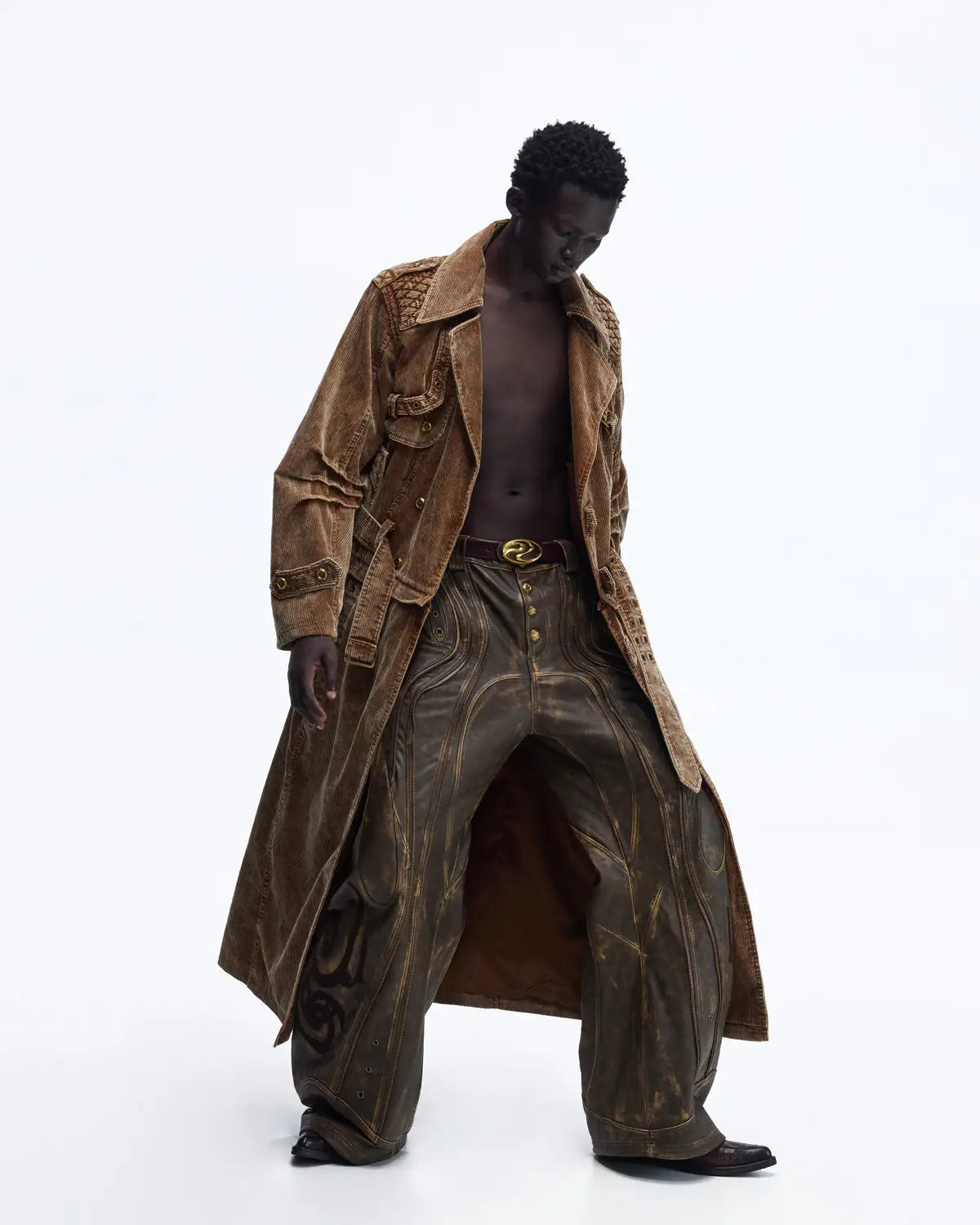 Personsoul Vintage Corduroy Trench Coat with Adjustable Length