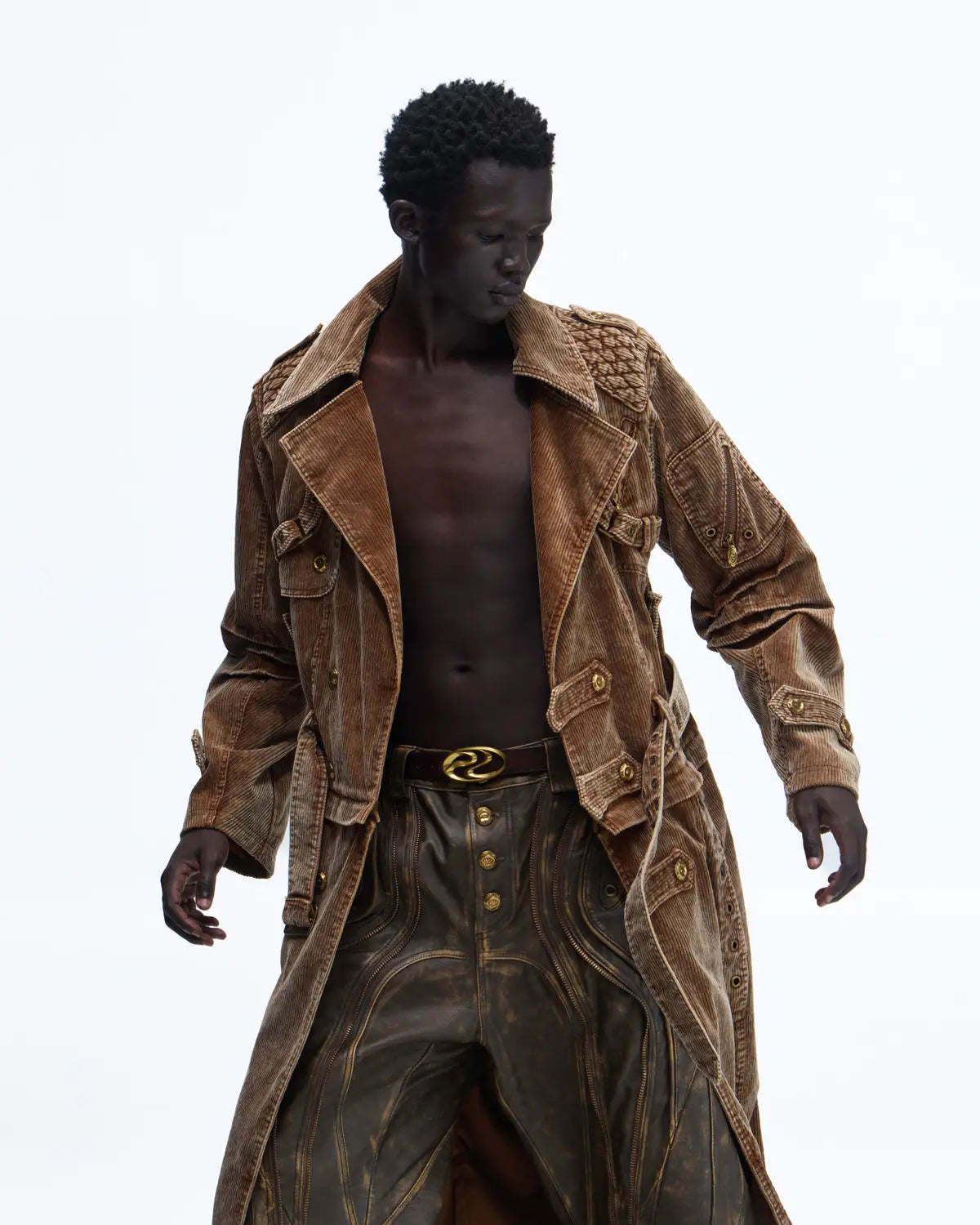 Personsoul Vintage Corduroy Trench Coat with Adjustable Length