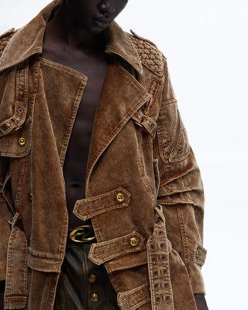 Personsoul Vintage Corduroy Trench Coat with Adjustable Length