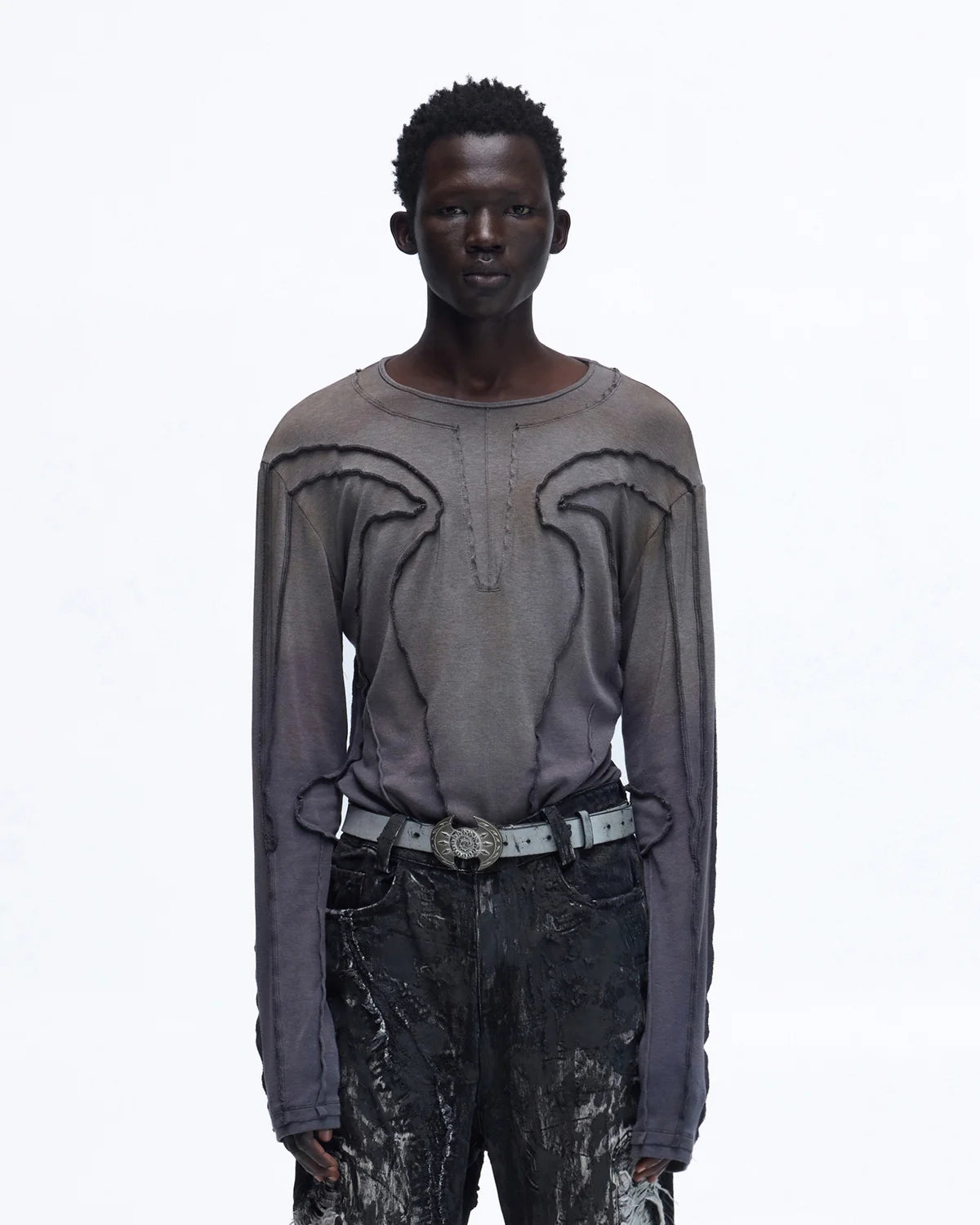 Personsoul Contrast Stitch Long Sleeve Top In Grey