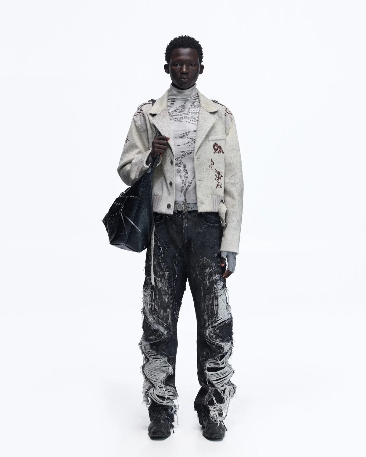 Personsoul Horse-Embroidered Leather Notch Collar Blazer