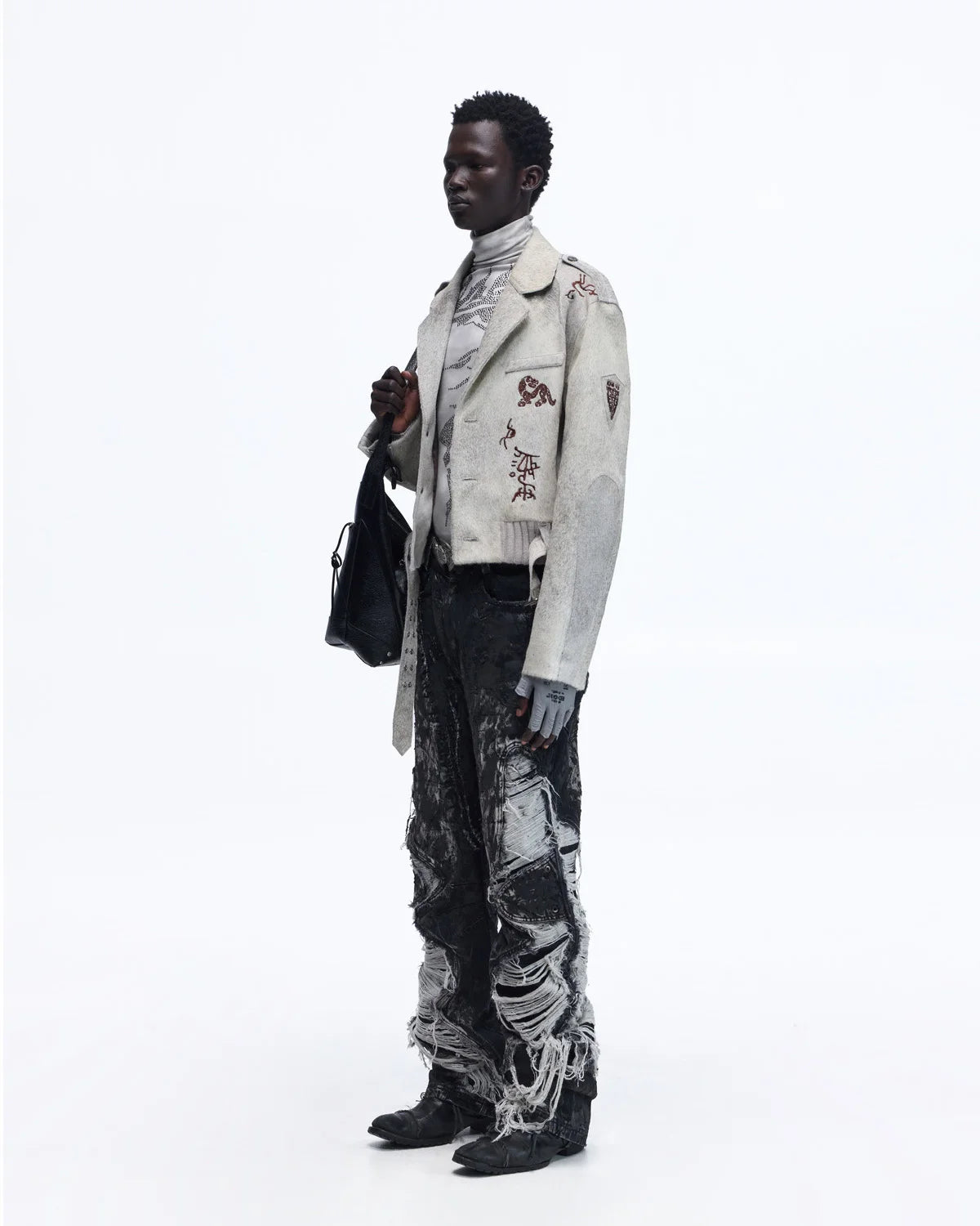 Personsoul Horse-Embroidered Leather Notch Collar Blazer