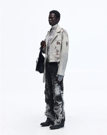 Personsoul Horse-Embroidered Leather Notch Collar Blazer