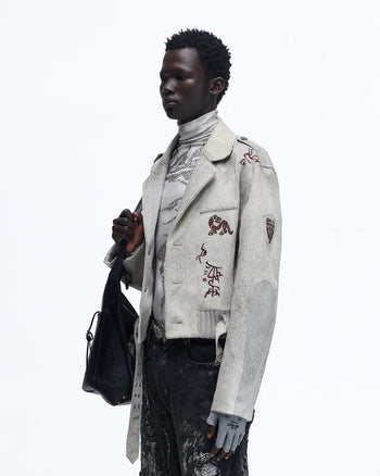 Personsoul Horse-Embroidered Leather Notch Collar Blazer