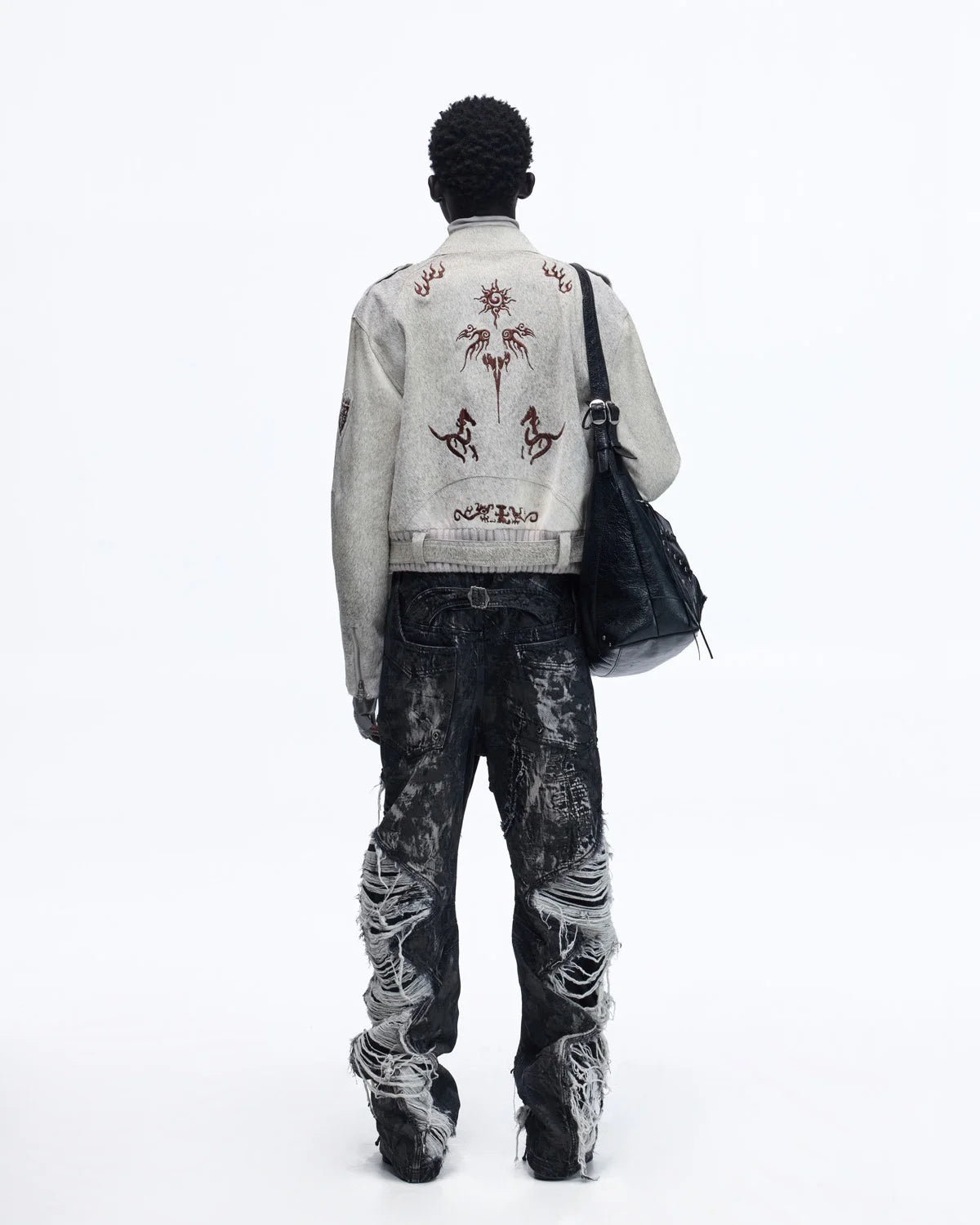 Personsoul Horse-Embroidered Leather Notch Collar Blazer