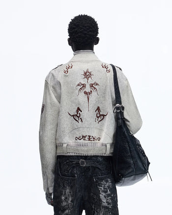 Personsoul Horse-Embroidered Leather Notch Collar Blazer