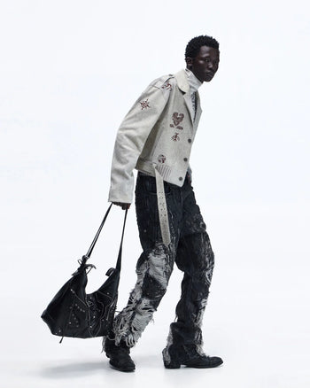 Personsoul Horse-Embroidered Leather Notch Collar Blazer