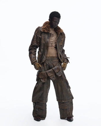 Personsoul Waxed Vintage Double-Waist Cargo Pants