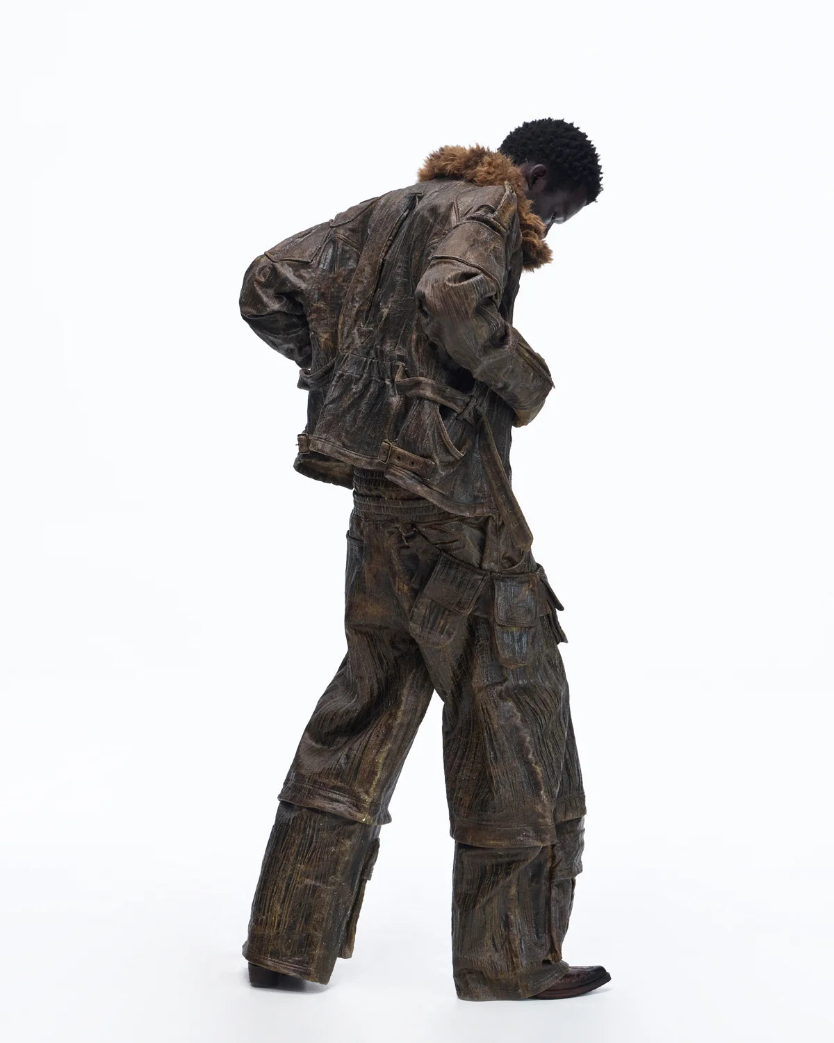 Personsoul Waxed Vintage Double-Waist Cargo Pants