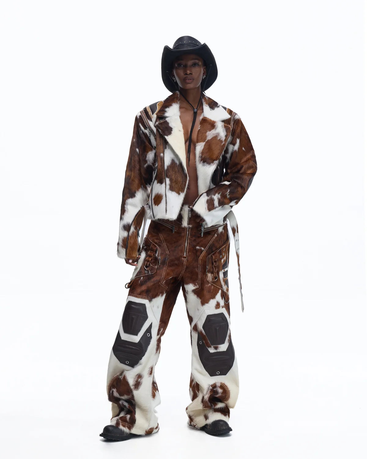 Personsoul Cowhide-Print Vintage Biker Leather Jacket