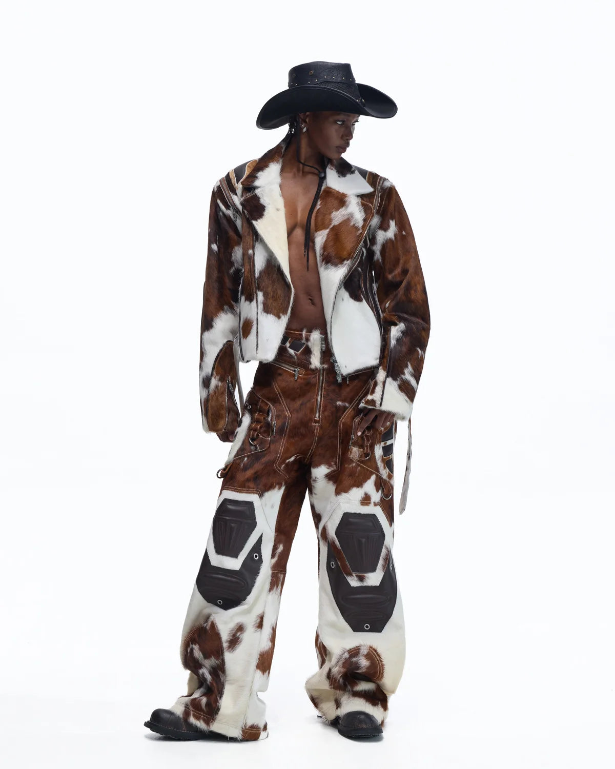 Personsoul Cowhide-Print Vintage Biker Leather Jacket