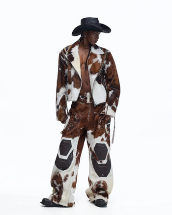 Personsoul Cowhide-Print Vintage Biker Leather Jacket