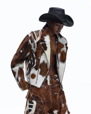 Personsoul Cowhide-Print Vintage Biker Leather Jacket