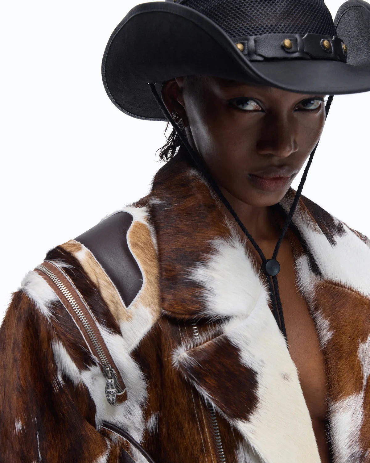 Personsoul Cowhide-Print Vintage Biker Leather Jacket