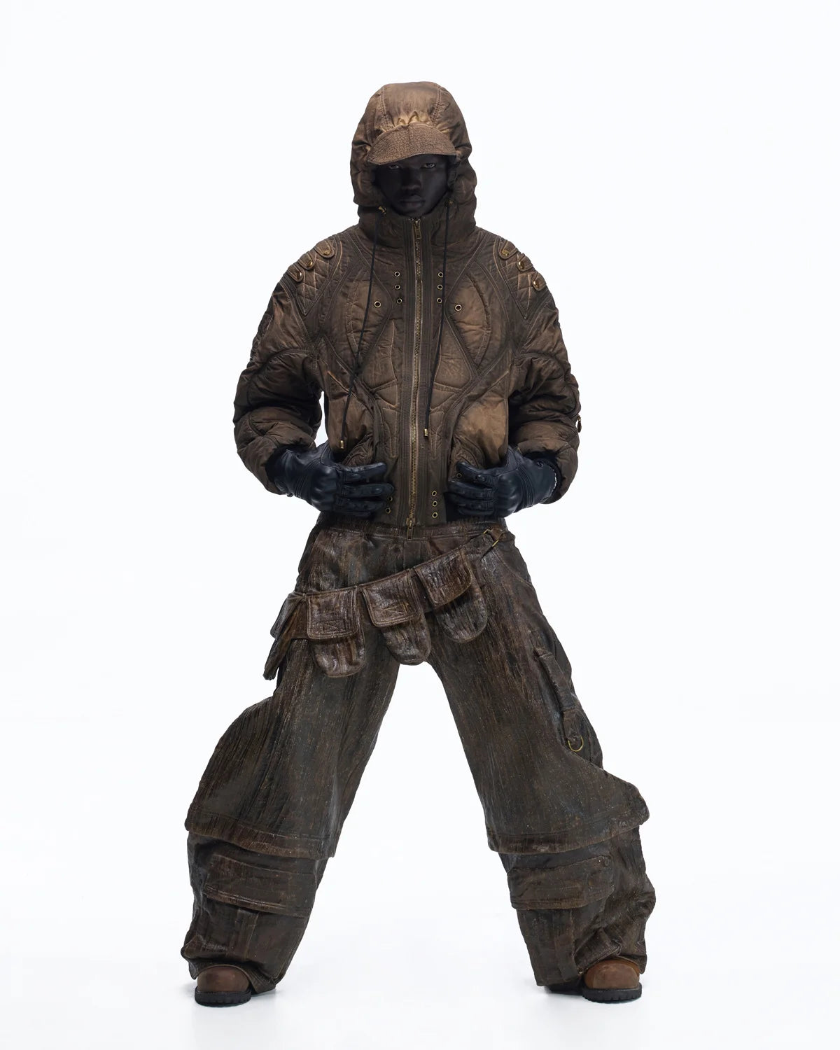 Personsoul Waxed Vintage Double-Waist Cargo Pants