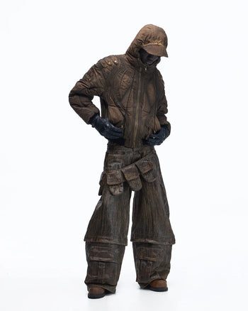 Personsoul Waxed Vintage Double-Waist Cargo Pants