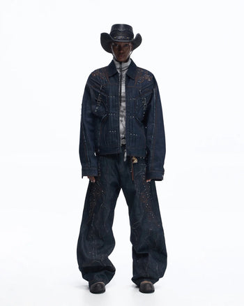 Personsoul Patchwork-Embroidered Raw Denim Scimitar Pants