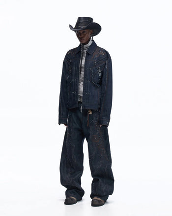 Personsoul Patchwork-Embroidered Raw Denim Scimitar Pants