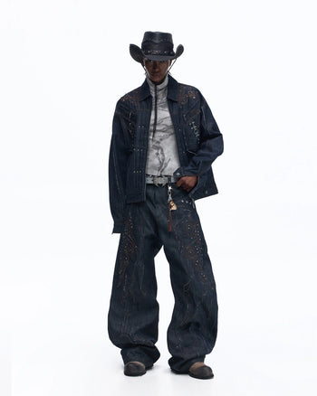 Personsoul Patchwork-Embroidered Raw Denim Scimitar Pants