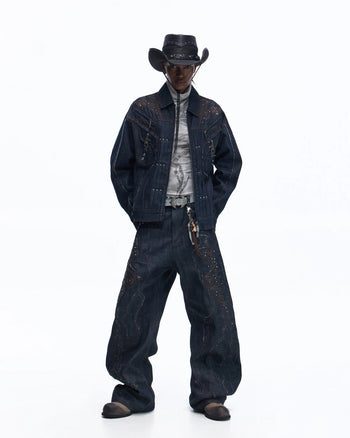 Personsoul Patchwork-Embroidered Raw Denim Scimitar Pants