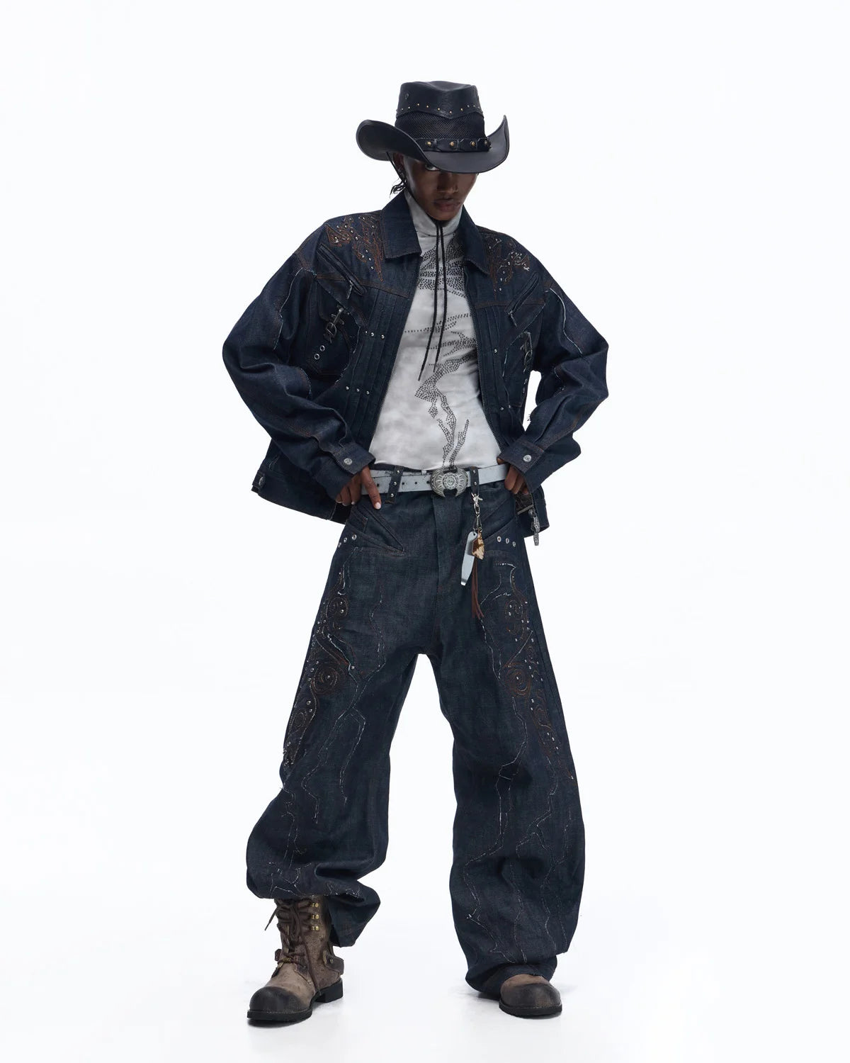 Personsoul Patchwork-Embroidered Raw Denim Scimitar Pants