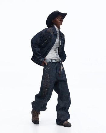 Personsoul Patchwork-Embroidered Raw Denim Scimitar Pants