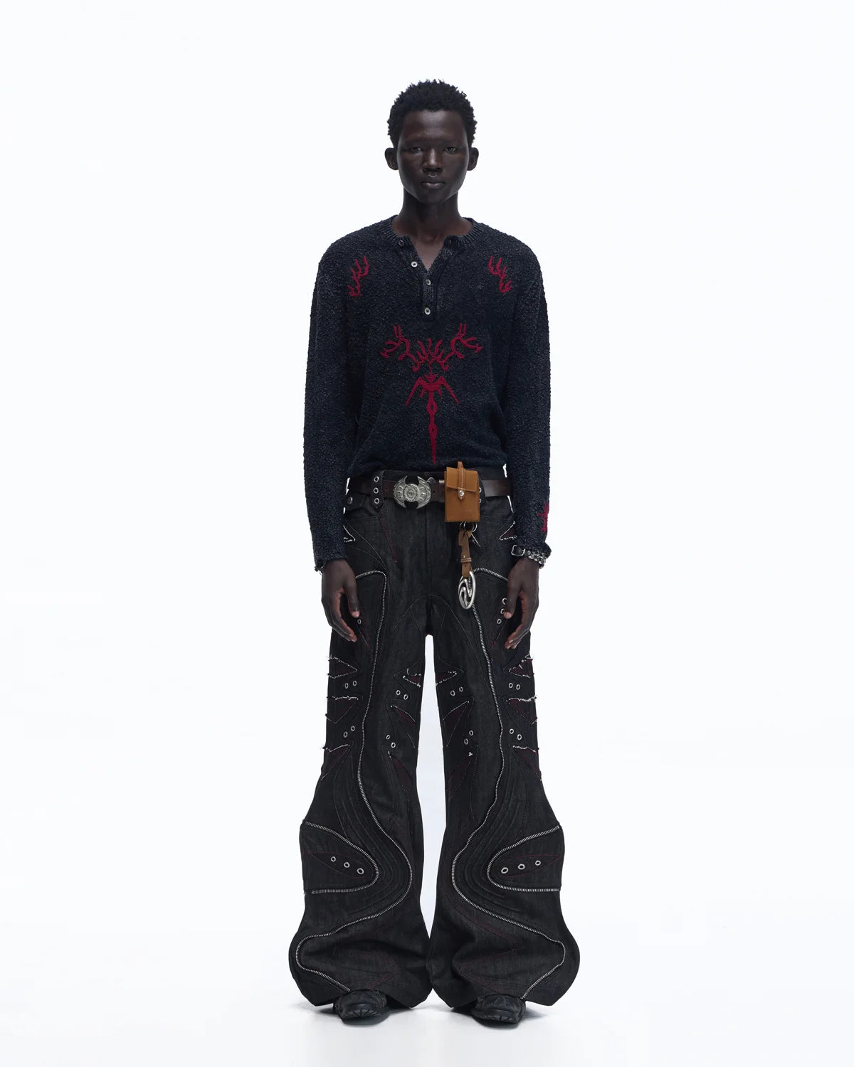 Personsoul Baggy Denim Jeans with Red Contrast Stitch
