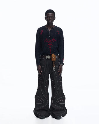 Personsoul Baggy Denim Jeans with Red Contrast Stitch