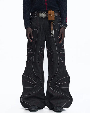 Personsoul Baggy Denim Jeans with Red Contrast Stitch