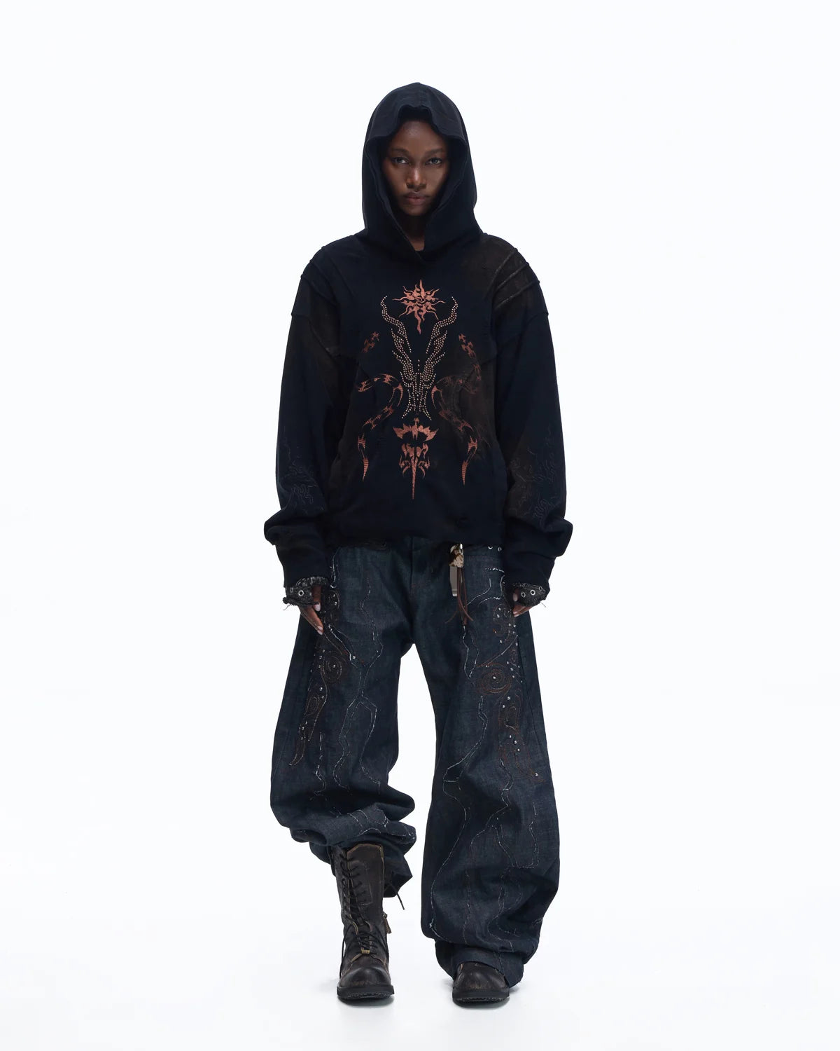 Personsoul Patchwork-Embroidered Raw Denim Scimitar Pants