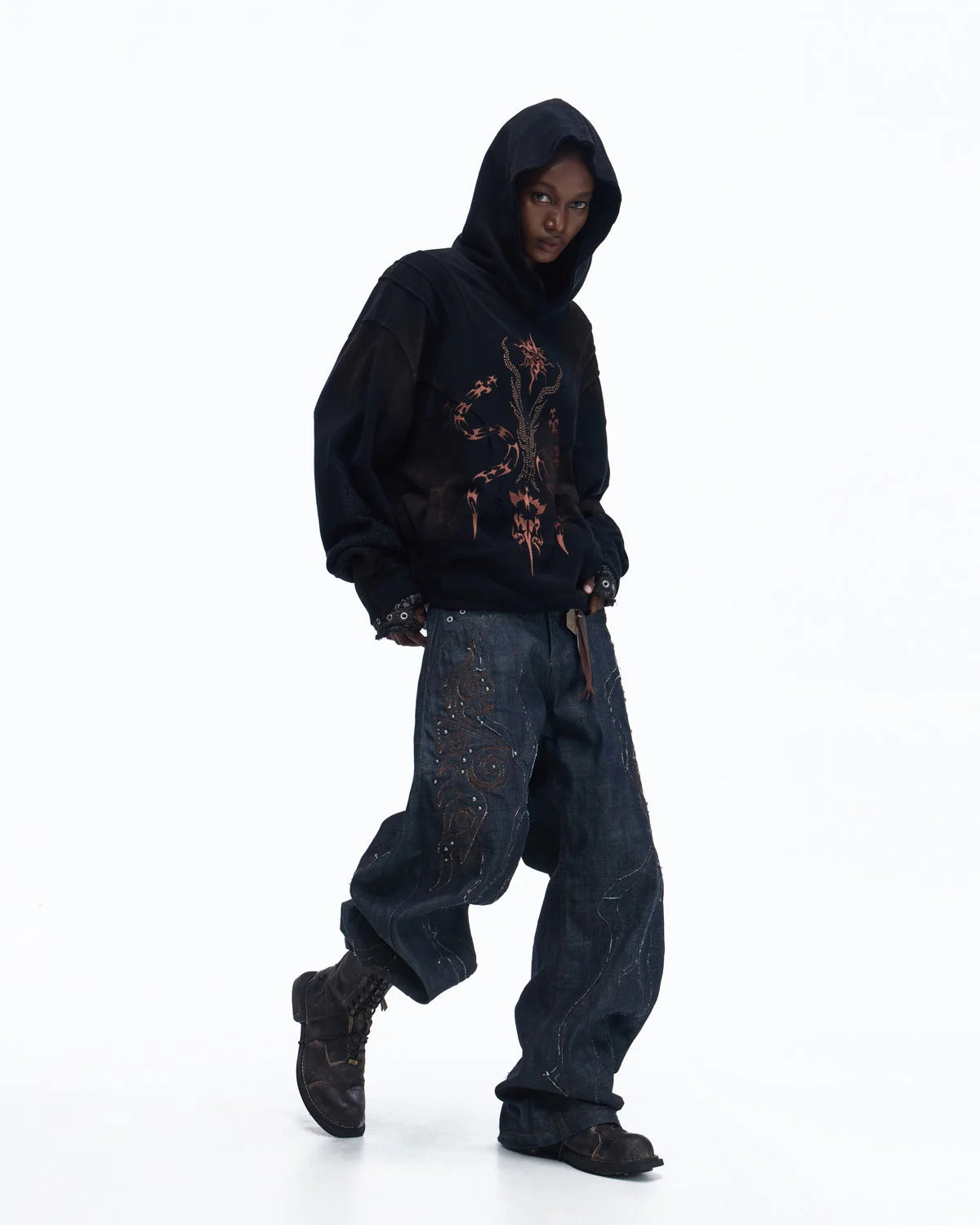Personsoul Patchwork-Embroidered Raw Denim Scimitar Pants