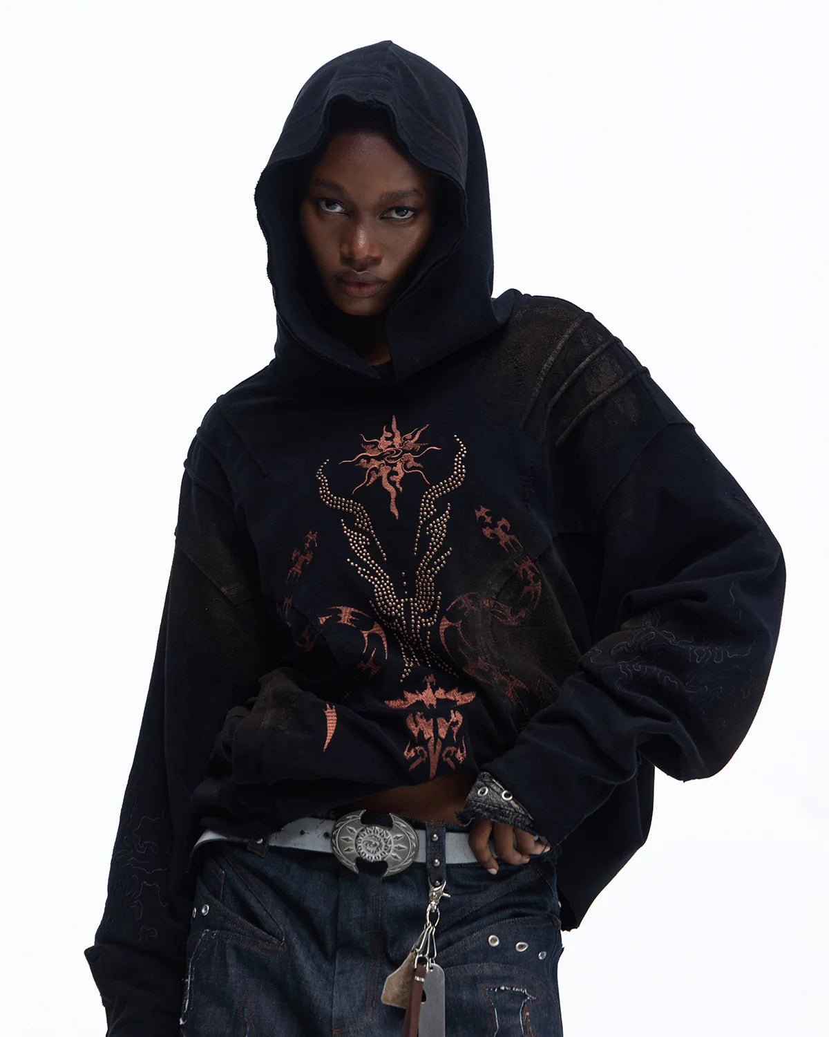 Personsoul Rhinestone Embroidered Hoodie In Black