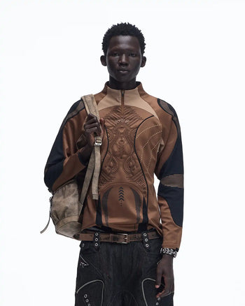 Personsoul Geometric Curve Mock Neck Top brown
