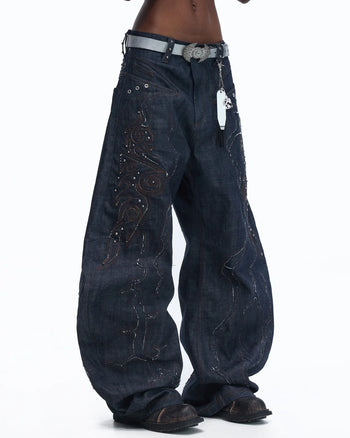 Personsoul Patchwork-Embroidered Raw Denim Scimitar Pants